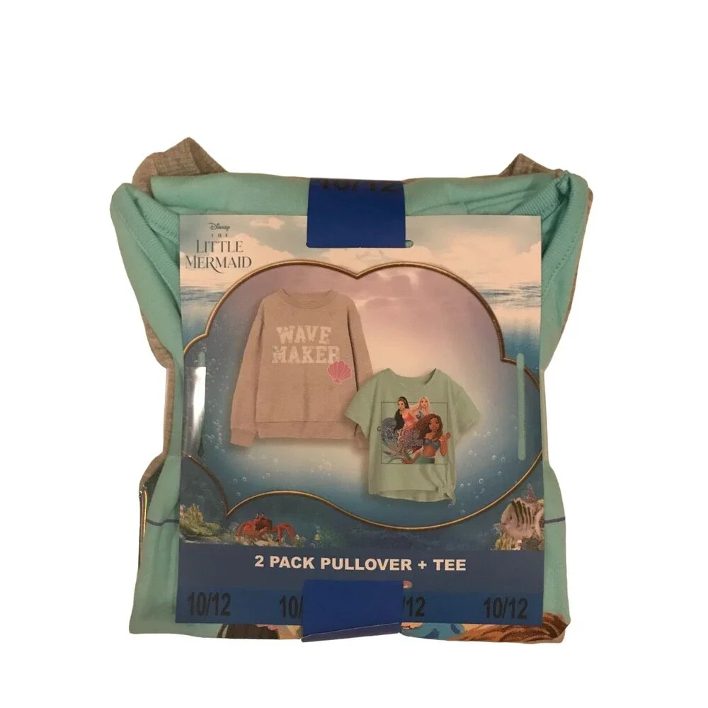 2 pack Girl's Size 10/12 Disney Little Mermaid Crewneck Pullover and Tee NEW